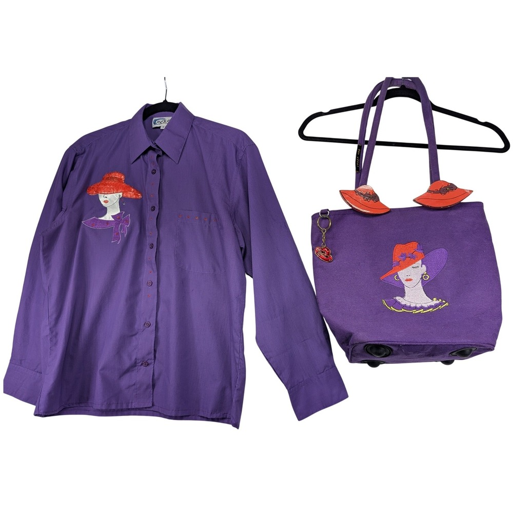 Las Olás Purple Embellished‎ Lady Hat Button Up Shirt & Tote Bag Set Small